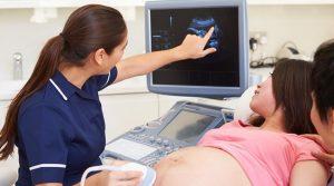 Sonographer pointing at ultrasound machine while scanning pregnant mother
